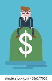 The love of money, greed.Conceptual image of a businessman character. Cartoon flat vector illustration. Objects isolated on a background. 