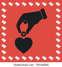 Love for money icon flat. Simple black pictogram on red background with white hearts for valentines day. Vector illustration symbol
