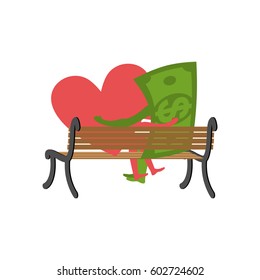 Love and money Sitting on bench. Selling love. Dollar and heart  
