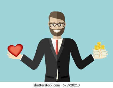 Love and money.Businessman weighing up options.  Business concept