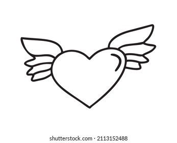 Amar el ícono de la monolina vectorial el corazón garabato con las alas. Logo del Día de San Valentín dibujado a mano. Decoración para tarjeta de saludo, boda, taquilla, superposiciones fotográficas, impresión de camisetas, volante, diseño de afiches.