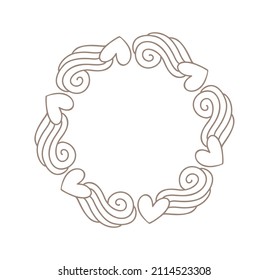 Love monoline icon vector doodle frame hearts with swirls. Hand drawn wreath valentine day with copyspace. Decor for greeting card, wedding, photo overlays, flyer, poster design.