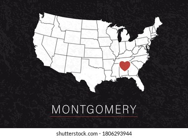Love Montgomery Picture. Map of United States with Heart as City Point. Vector Stock Illustration