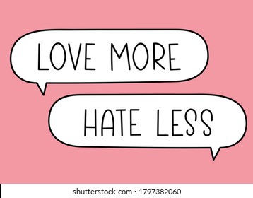 Love more hate less inscription. Handwritten lettering illustration. Black vector text in speech bubble. Simple outline marker style. Imitation of conversation.