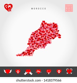 I Love Morocco. Red and Pink Hearts Pattern Vector Map of Morocco Isolated on Grey Background. Love Icon Set.
