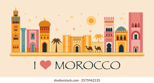 I love Morocco skyline travel web banner. Colorful Moroccan city panorama illustration with popular architectural landmarks and attractions from Rabat, Fez and Marrakesh.