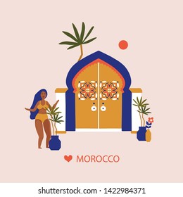 Love Morocco t-shirt design. Summer card. Cartoon characters. Travel postcard.