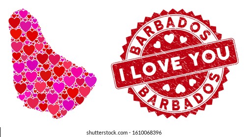 Love mosaic Barbados map and distressed stamp seal with I Love You message. Barbados map collage formed with randomized red heart symbols. Red round I Love You seal stamp with grunge texture.