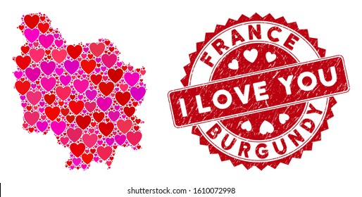 Love mosaic Burgundy Province map and distressed stamp seal with I Love You badge. Burgundy Province map collage formed with scattered red heart symbols.