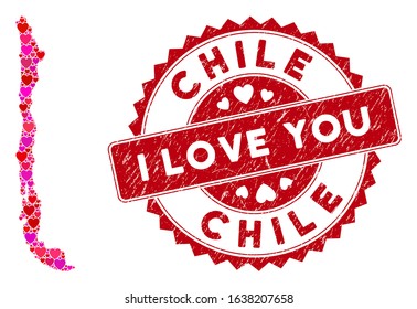 Love mosaic Chile map and corroded stamp seal with I Love You caption. Chile map collage created with scattered red heart icons. Red round I Love You seal stamp with dirty texture.