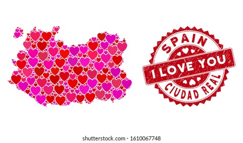 Love mosaic Ciudad Real Province map and grunge stamp seal with I Love You caption. Ciudad Real Province map collage formed with random red heart elements.