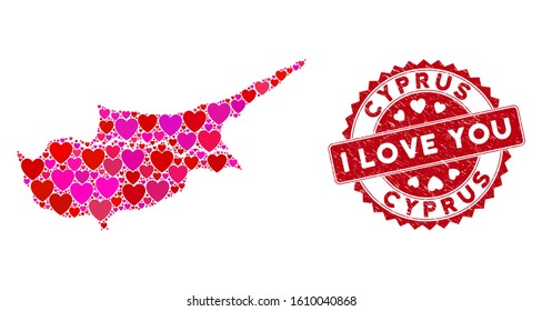 Love mosaic Cyprus countries map and rubber stamp seal with I Love You caption. Cyprus countries map collage formed with randomized red heart icons.