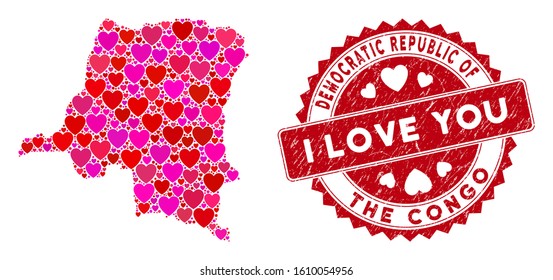 Love mosaic Democratic Republic of the Congo map and grunge stamp watermark with I Love You phrase. Democratic Republic of the Congo map collage designed with random red heart symbols.