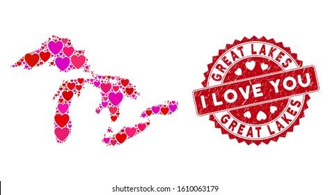 Love mosaic Great Lakes map and distressed stamp seal with I Love You caption. Great Lakes map collage composed with random red heart elements. Red round I Love You seal stamp with distress texture.
