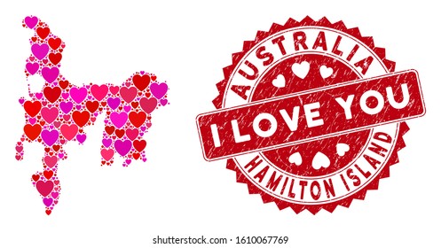 Love mosaic Hamilton Island map and rubber stamp seal with I Love You message. Hamilton Island map collage constructed with scattered red heart items.