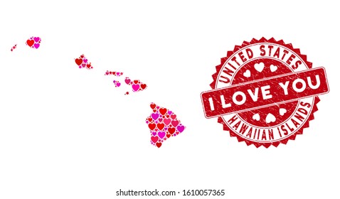 Love mosaic Hawaiian Islands map and distressed stamp seal with I Love You phrase. Hawaiian Islands map collage constructed with randomized red heart items.