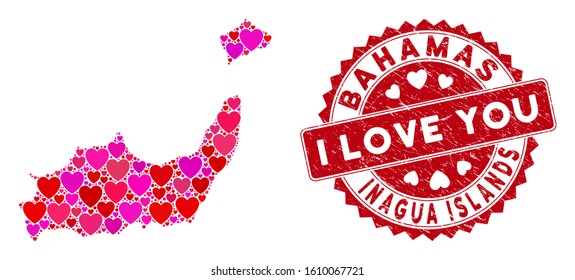 Love mosaic Inagua Islands map and distressed stamp seal with I Love You badge. Inagua Islands map collage constructed with scattered red heart symbols.
