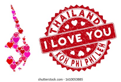 Love mosaic Koh Phi Leh map and grunge stamp watermark with I Love You message. Koh Phi Leh map collage constructed with random red heart items.