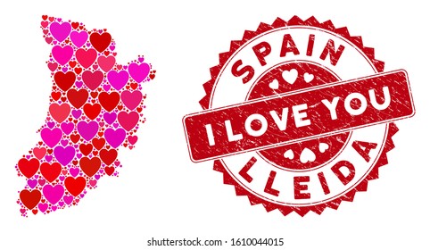 Love mosaic Lleida Province map and distressed stamp watermark with I Love You words. Lleida Province map collage constructed with randomized red heart items.