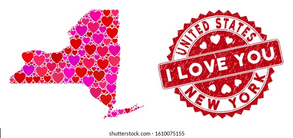 Love mosaic New York State map and grunge stamp seal with I Love You caption. New York State map collage composed with random red heart icons. Red rounded I Love You seal stamp with unclean texture.