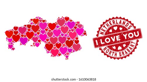 Love mosaic North Brabant Province map and grunge stamp watermark with I Love You text. North Brabant Province map collage created with random red heart symbols.