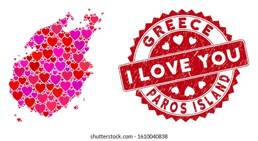 Love mosaic Paros Island map and grunge stamp seal with I Love You message. Paros Island map collage designed with random red heart symbols. Red round I Love You stamp with grunge texture.