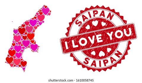 Love mosaic Saipan Island map and rubber stamp seal with I Love You words. Saipan Island map collage created with scattered red heart symbols. Red rounded I Love You seal stamp with grunge texture.