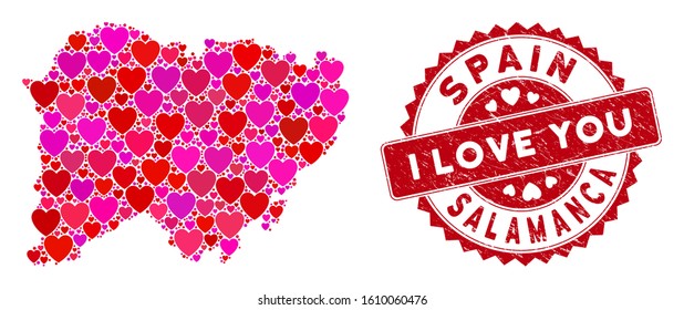 Love mosaic Salamanca Province map and rubber stamp seal with I Love You words. Salamanca Province map collage formed with random red heart elements.