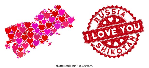 Love mosaic Shikotan Island map and grunge stamp seal with I Love You message. Shikotan Island map collage created with random red heart symbols. Red rounded I Love You stamp with unclean texture.