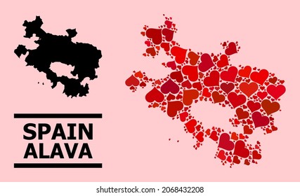 Love mosaic and solid map of Alava Province on a pink background. Mosaic map of Alava Province created with red love hearts. Vector flat illustration for marriage conceptual illustrations.