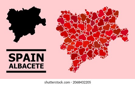 Love mosaic and solid map of Albacete Province on a pink background. Mosaic map of Albacete Province created with red love hearts. Vector flat illustration for marriage conceptual illustrations.