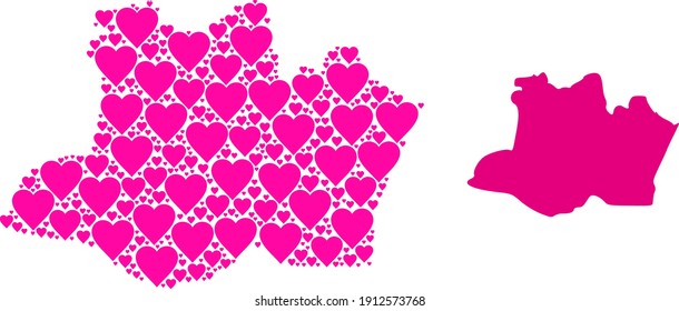 Love mosaic and solid map of Amazonas State. Mosaic map of Amazonas State is composed from pink love hearts. Vector flat illustration for marriage conceptual illustrations.