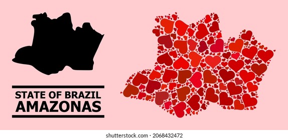 Love mosaic and solid map of Amazonas State on a pink background. Collage map of Amazonas State is composed with red love hearts. Vector flat illustration for marriage concept illustrations.