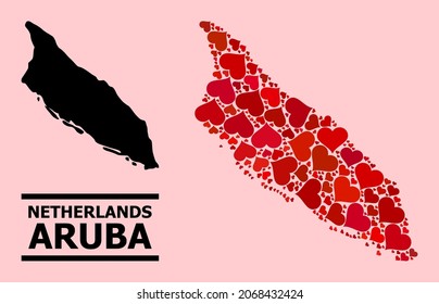 Love mosaic and solid map of Aruba Island on a pink background. Mosaic map of Aruba Island formed with red love hearts. Vector flat illustration for love conceptual illustrations.