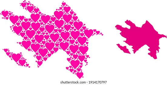 Love mosaic and solid map of Azerbaijan. Mosaic map of Azerbaijan designed with pink valentine hearts. Vector flat illustration for love conceptual illustrations.