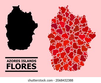 Love mosaic and solid map of Azores - Flores Island on a pink background. Mosaic map of Azores - Flores Island is formed with red lovely hearts.