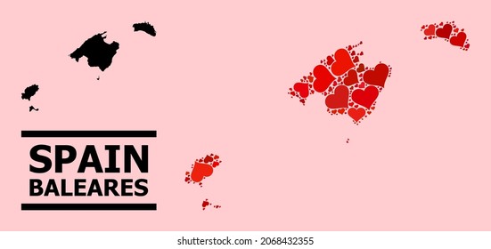 Love mosaic and solid map of Baleares Province on a pink background. Mosaic map of Baleares Province designed with red lovely hearts. Vector flat illustration for dating conceptual illustrations.