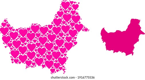 Mosaico de amor y mapa sólido de la isla de Borneo. Mapa mosaico de la isla de Borneo creado a partir de corazones de San Valentín rosado. Ilustración plana vectorial para ilustraciones conceptuales de amor.