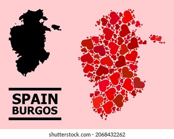 Love mosaic and solid map of Burgos Province on a pink background. Mosaic map of Burgos Province designed with red hearts. Vector flat illustration for love concept illustrations.