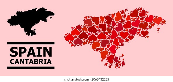 Love mosaic and solid map of Cantabria Province on a pink background. Collage map of Cantabria Province is composed with red lovely hearts. Vector flat illustration for love conceptual illustrations.