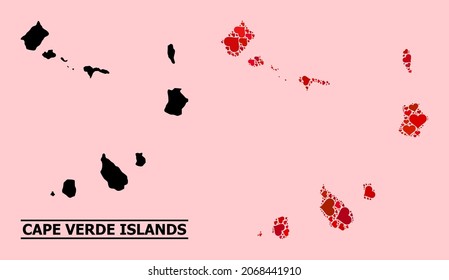 Love mosaic and solid map of Cape Verde Islands on a pink background. Mosaic map of Cape Verde Islands designed with red lovely hearts. Vector flat illustration for love abstract illustrations.
