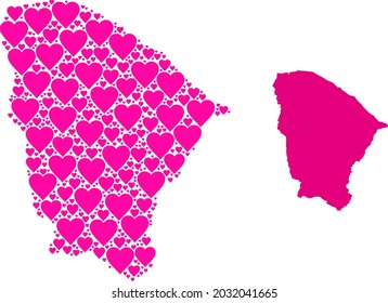 Mosaico de amor y mapa sólido del estado de Ceara. Mapa mosaico del estado de Ceara compuesto por corazones adorables rosados. Ilustración plana vectorial para ilustraciones abstractas de amor.