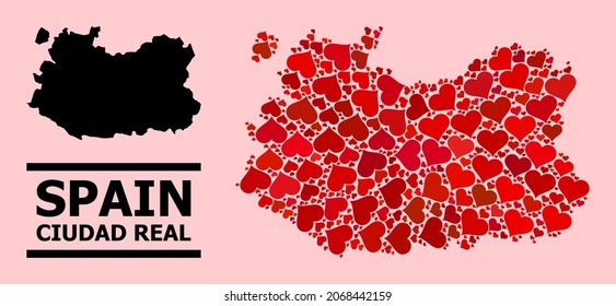 Love mosaic and solid map of Ciudad Real Province on a pink background. Mosaic map of Ciudad Real Province created with red valentine hearts.