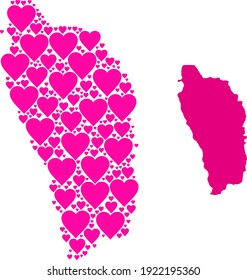 Love mosaic and solid map of Dominica Island. Mosaic map of Dominica Island is formed with pink love hearts. Vector flat illustration for dating conceptual illustrations.