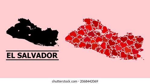 Love mosaic and solid map of El Salvador on a pink background. Mosaic map of El Salvador created from red lovely hearts. Vector flat illustration for love concept illustrations.