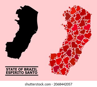 Love mosaic and solid map of Espirito Santo State on a pink background. Mosaic map of Espirito Santo State composed with red lovely hearts. Vector flat illustration for love conceptual illustrations.