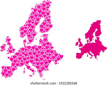 Liebe mosaik und solide Karte der Euro-Union. Mosaikkarte der Eurounion mit rosafarbenen Herzen. Vektorflache Illustration für Dating konzeptuelle Illustrationen.