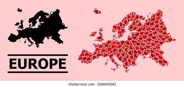 Love mosaic and solid map of Europe on a pink background. Mosaic map of Europe is composed with red valentine hearts. Vector flat illustration for love concept illustrations.