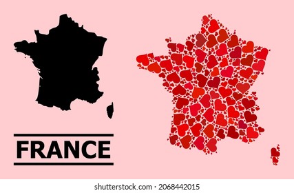 Amar el mosaico y el mapa sólido de Francia sobre un fondo rosado. Mapa mosaico de Francia diseñado con corazones valentinos rojos. Ilustración plana vectorial para ilustraciones abstractas de amor.