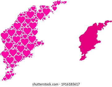 Liebes Mosaik und solide Karte von Gotland Insel. Mosaikkarte von Gotland Island mit rosafarbenen Herzen. Vektorgrafik für abstrakte Illustrationen der Liebe.